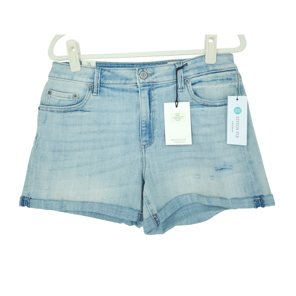 Cosmic Blue Love Denim Shorts Women 29/L Light Blue Distress Casual Stretch NWT